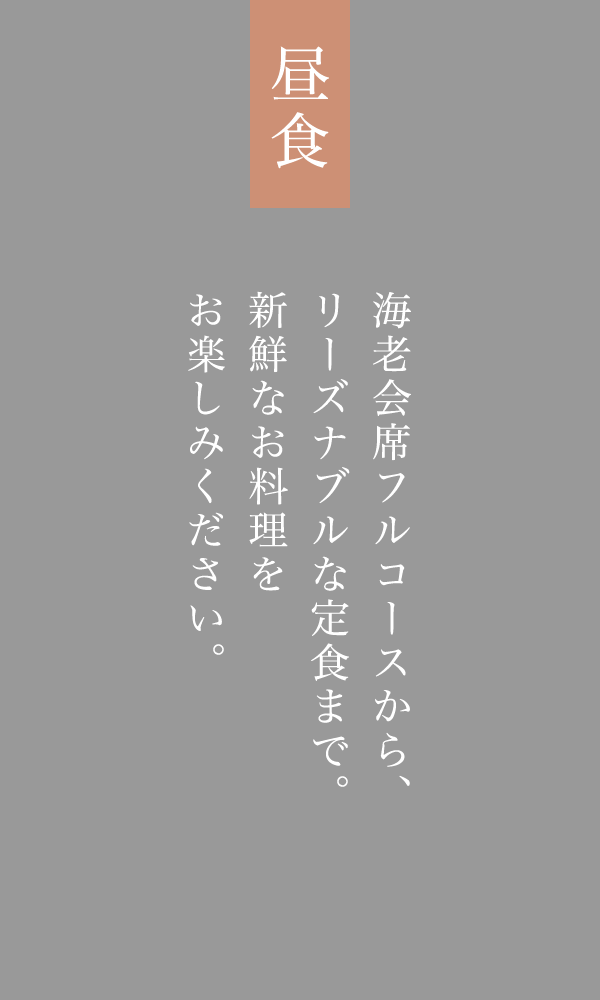 昼食 海老会席フルコースから、リーズナブルな定食まで。新鮮なお料理をお楽しみください。